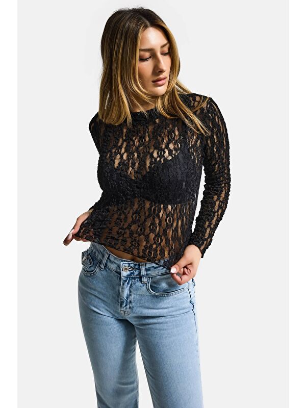 It's Basic Kadın Siyah Transparan Crop Bluz