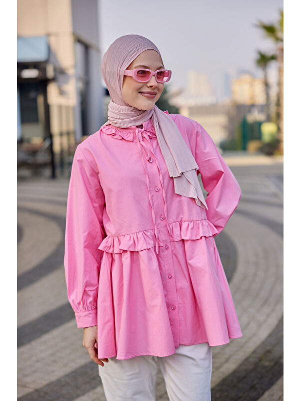 Locco Moda Fırfırlı Düğmesi Taş Detaylı Tunik Gömlek Pembe