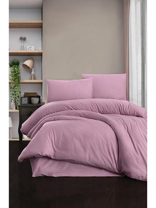 Mulberry Çift Kişilik Nevresim Takımı Pamuk Çizgili %100 Pamuk 200*220 - Gül Kurusu