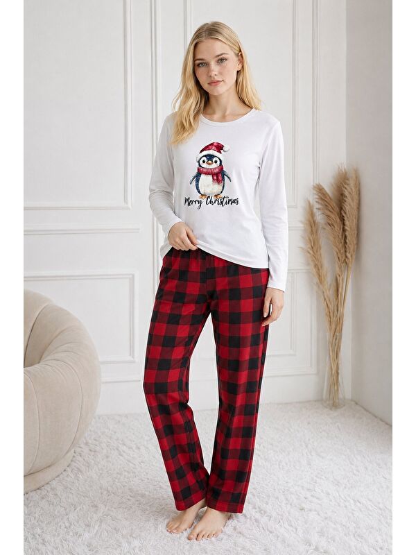 carla10 Penguen Baskılı Uzun Kollu Kadın Pijama Takımı