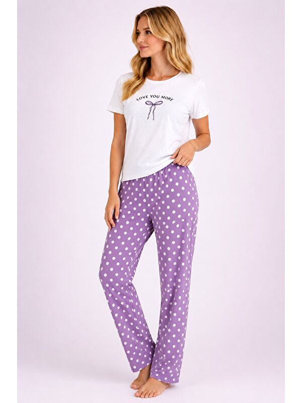 carla10 Love You More Baskılı Lila Puantiyeli Pijama Takımı