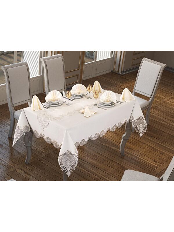 Çeyiz Diyarı Verna Masa Örtüsü 160x260 Cm 26 Parça Krem Krem