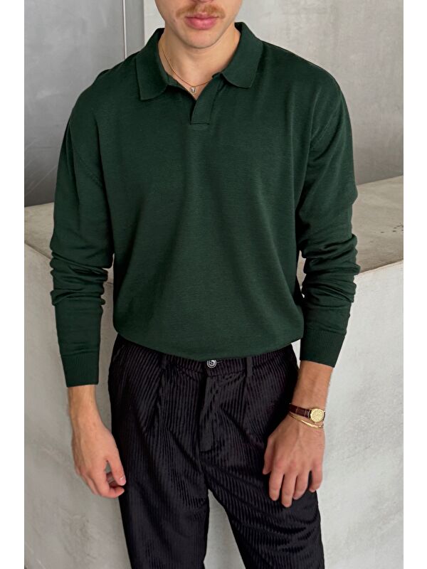 HYMAN Erkek Pamuklu Polo Yaka Oversize Triko Kazak