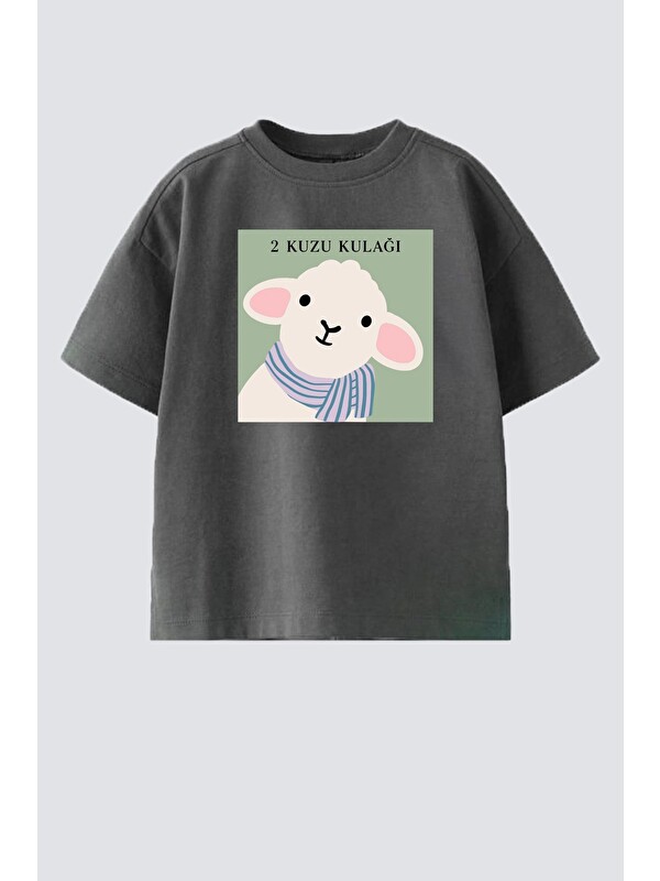 Monila Unisex Çocuk Pamuklu Bisiklet Yaka Kuzu Kulağı Baskılı T-Shirt