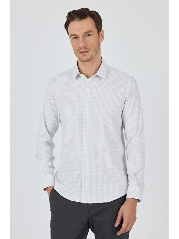 İMZA Beyaz Sert Yaka Cepsiz Gabardin Uzun Kol Slim Fit Esnek Gömlek 1004250232