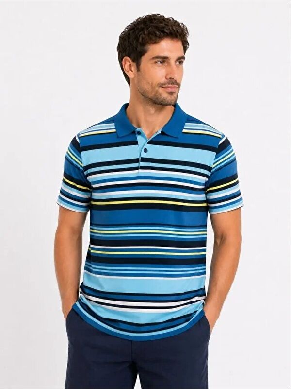 Jane's Erkek Çizgili Polo Yaka Tişört Kısa Kol Yazlık T-Shirt Regular Fit - Mavi