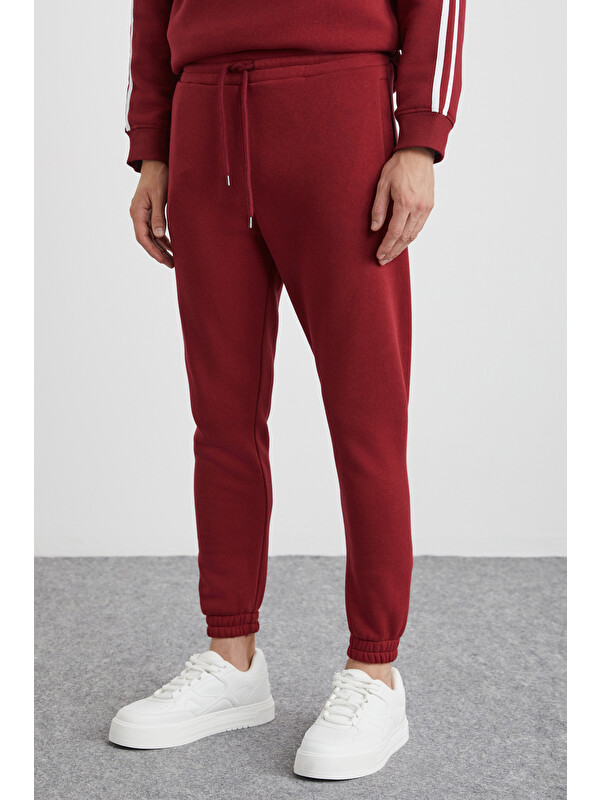 GRIMELANGE LASTING Erkek Organik Pamuklu Nakışlı İçi Polarlı Cepli Jogger BORDO Eşofman Altı
