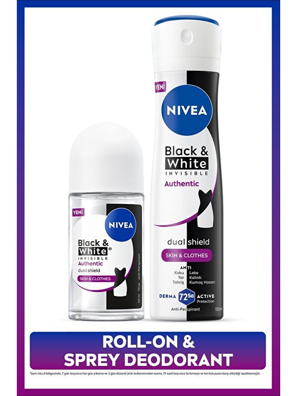 NIVEA Kadın Sprey Deodorant Black&White Authentic 150ml ve Roll-on 50ml, Terleme ve Leke Karşıtı