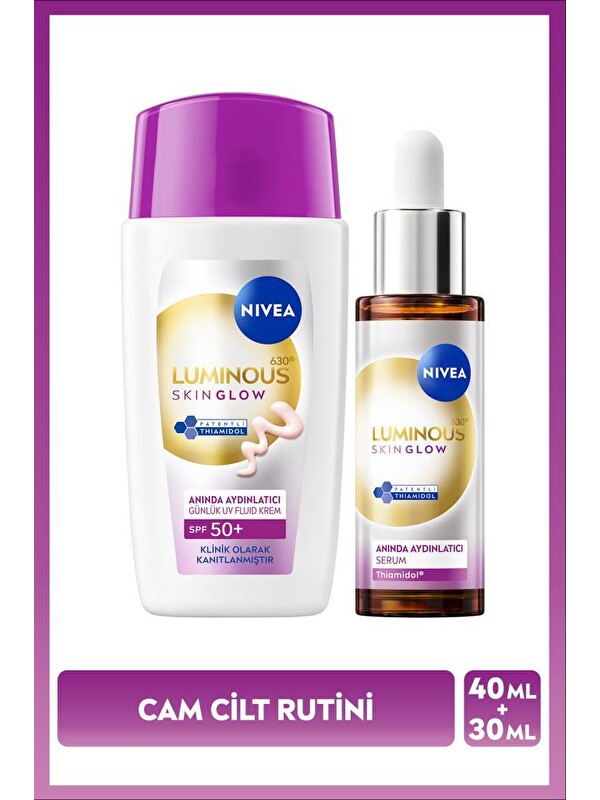 NIVEA SPF50+ Güneş Koruyucu Luminous630 Skin Glow Aydınlatıcı Yüz Kremi 40ml ve Serum 30ml, Cam Cilt