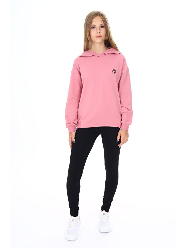 Toontoykids Kız Çocuk 2'li Takım Baskılı Kapüşonlu Düşük Omuz Sweatshirt & Basic Düz Tayt