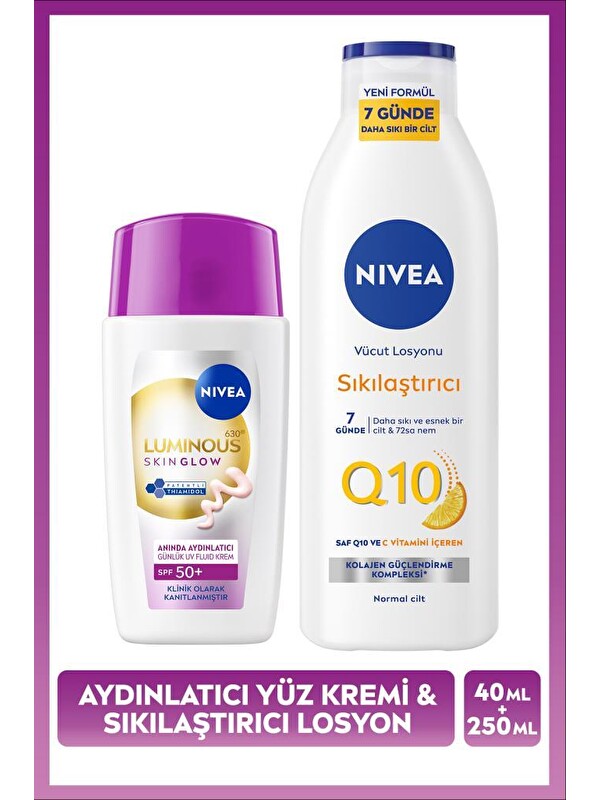 NIVEA SPF50+ Güneş Koruyucu Luminous630 Skin Glow Yüz Kremi 40ml ve Q10 Sıkılaştırıcı Vücut Losyonu 250ml