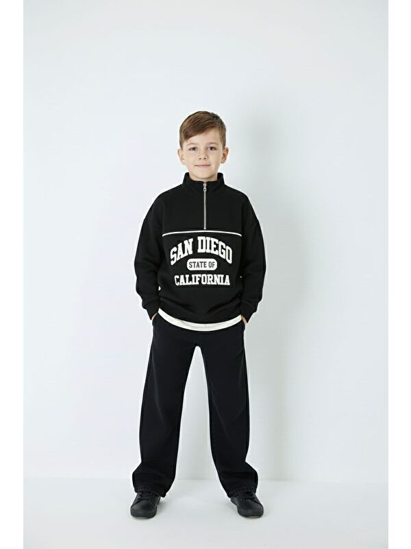 Cansın Mini Siyah Yazı Baskılı Yarım Fermuar Sweatshirt ve Pantolonlu Erkek Takım 23509
