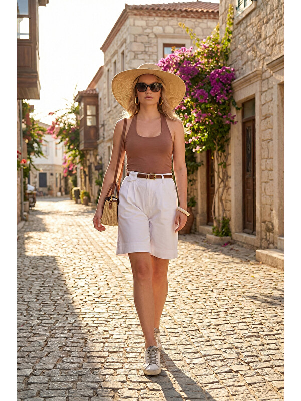 Lela Pamuklu Loose Fit Pileli Kemerli Bermuda Şort 668YP5439