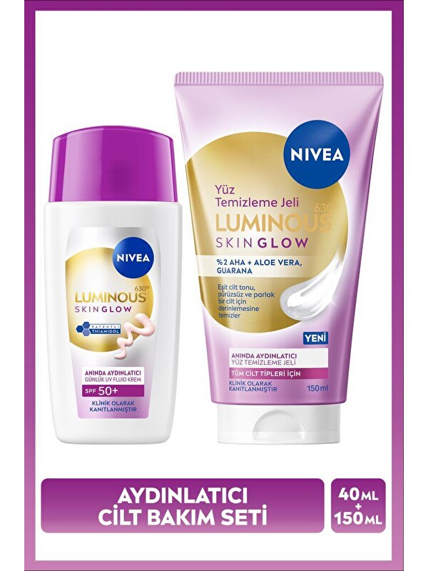 NIVEA SPF50+ Güneş Koruyucu Luminous630 Skin Glow Yüz Kremi 40ml ve Yüz Temizleme Jeli 150ml, Cam Cilt