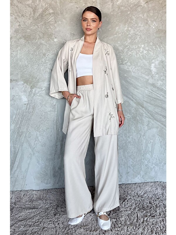 Gülseli Taşlı Kimono Pantolon İkili Takım