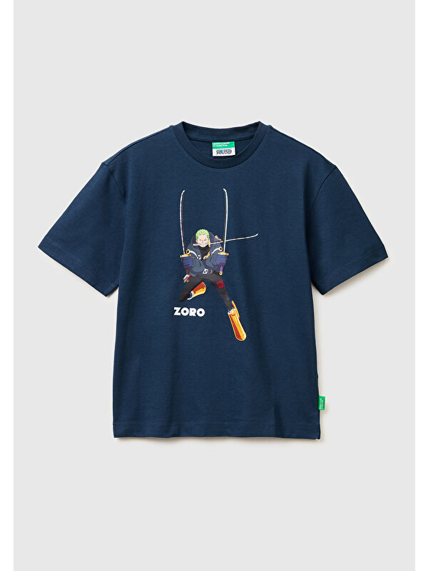 United Colors Of Benetton Erkek Çocuk Koyu Lacivert Önü ve Arkası One Piece Baskılı Bisiklet Yaka T-Shirt