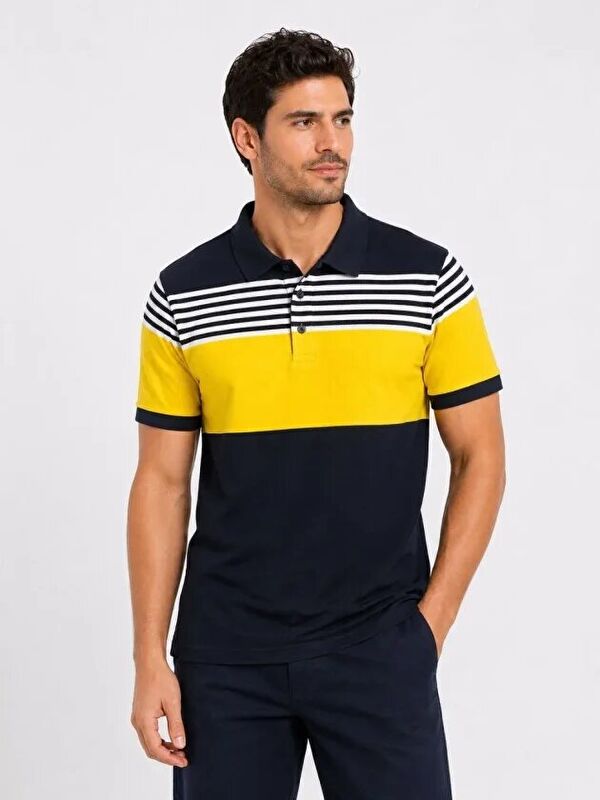 Jane's Erkek Pike Kumaş Çizgili Polo Yaka Tişört Kısa Kol Yazlık T-Shirt - Lacivert