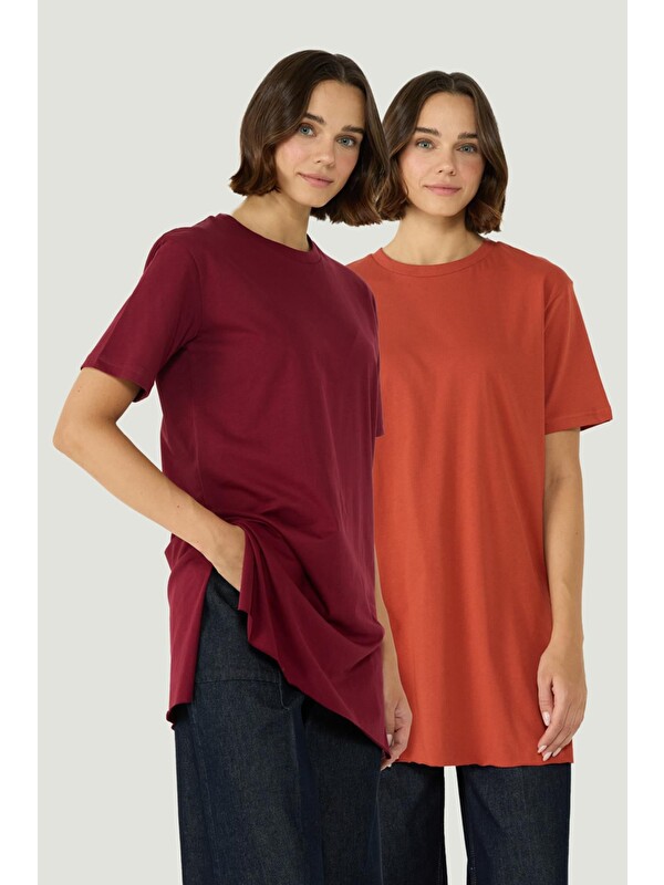 C&City Bisiklet Yaka Yarım Kol Yırtmaçlı 2'Li Uzun T-Shirt 963 Bordo/Kiremit