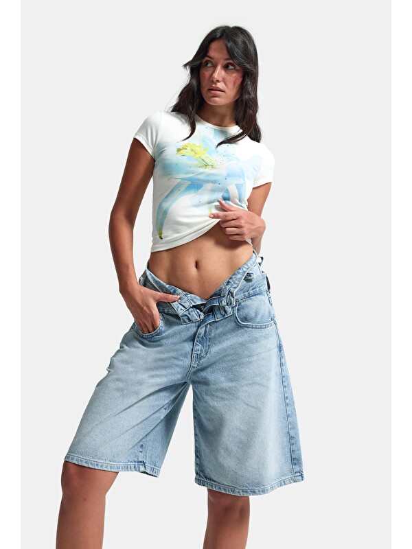 It's Basic Kadın Jean Rengi 4s6-32 Baggy Fit Yüksek Bel Tasarım Denim Bermuda Şort