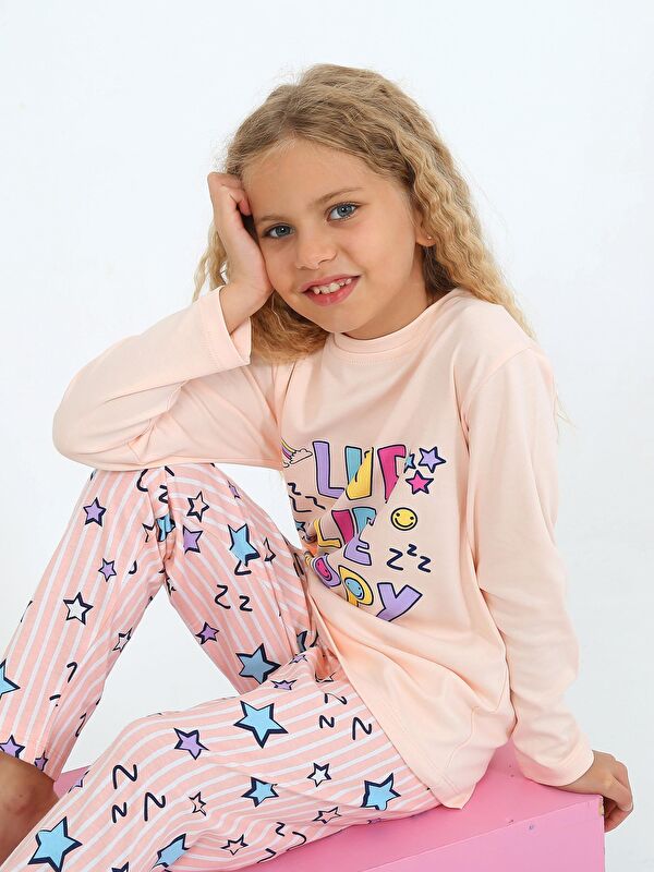 Vitmo Kız Çocuk Uzun Kollu %100 Pamuklu Pijama Takımı Happy Life