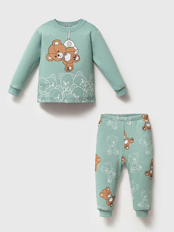 Mahfel %100 Pamuklu Yeşil Ayıcıklı Çocuk Pijama Takımı 1-6 Yaş