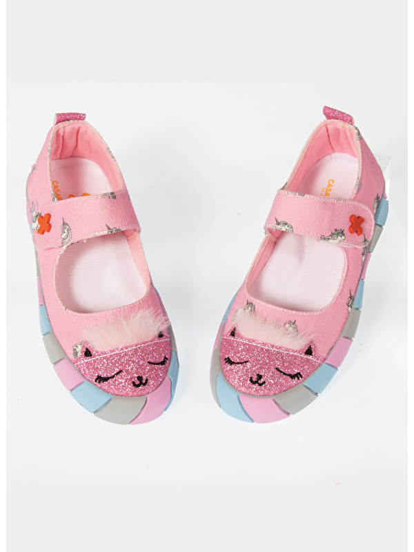 Casabony Pembe Kedi Kanvas 3D Kız Çocuk Babet