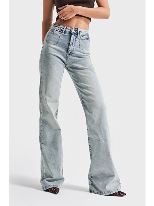 It's Basic Kadın T.Kot Rengi 4s5-32 Flare Fit Esnek Elastanlı Kumaş İç Boy 83 cm Denim Jean