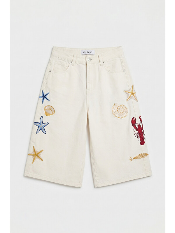 It's Basic Kadın Kırık Beyaz 7s6-101 Palazzo Nakış Tasarım Bermuda Denim Jort