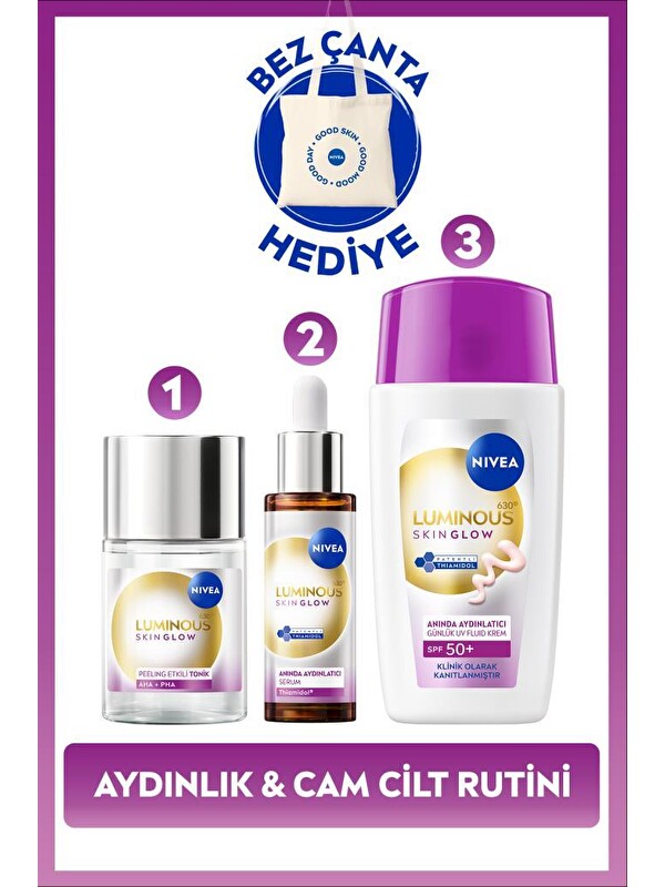 NIVEA Aydınlatıcı Cilt Bakım Rutini, Yüz Güneş Kremi 40ml, Cilt Serumu 30ml ve Tonik, Bez Çanta Hediye