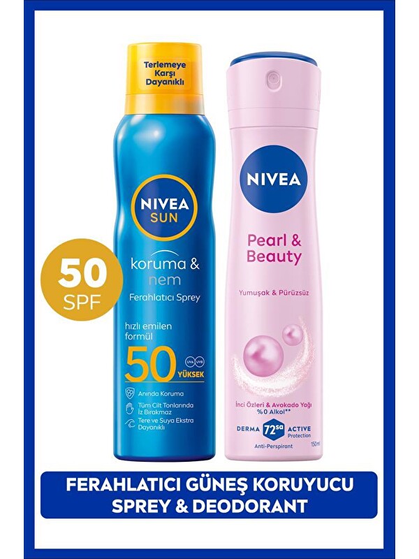 NIVEA SUN SPF50 Güneş Koruyucu Ferahlatıcı Sprey 200ml ve Kadın Sprey Deodorant Pearl&Beauty 150ml