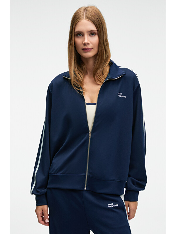 GRIMELANGE ZINNIE Kadın Regular Nakış Ve Yan Şerit Detaylı Metal Fermuarlı Dik Yaka LACİVERT Sweatshirt