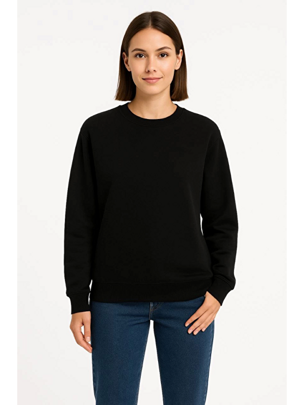 Jane's Üç İplik Düz Bisiklet Yaka SweatShirt  - Siyah