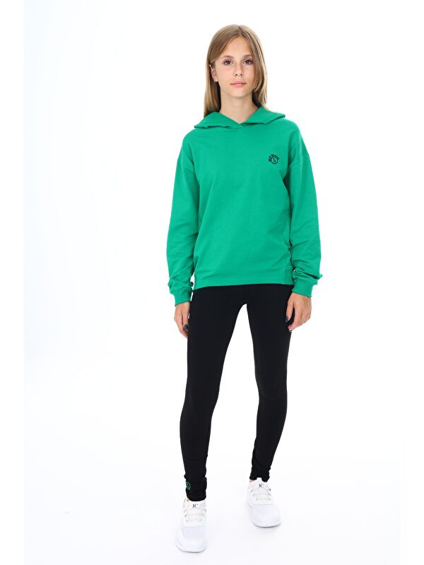 Toontoykids Kız Çocuk 2'li Takım Baskılı Kapüşonlu Düşük Omuz Sweatshirt & Basic Düz Tayt
