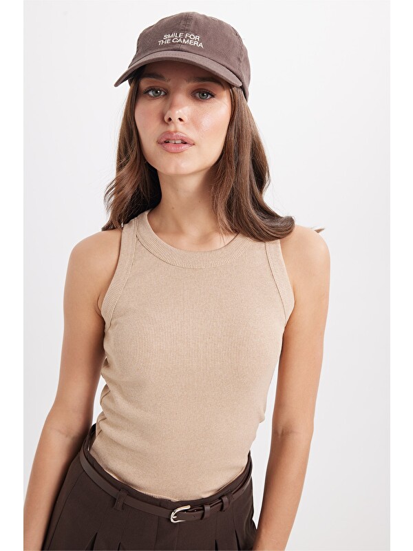 TUDORS Kadın Slim Fit Dar Kesim Pamuklu Askılı Bisiklet Yaka Vizon Crop Atlet
