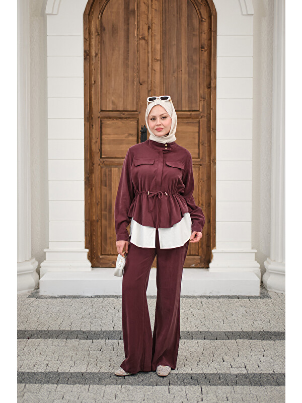 Locco Moda Kadın Çift Cep Detaylı Gizli Düğmeli Parçalı Takım Mürdüm