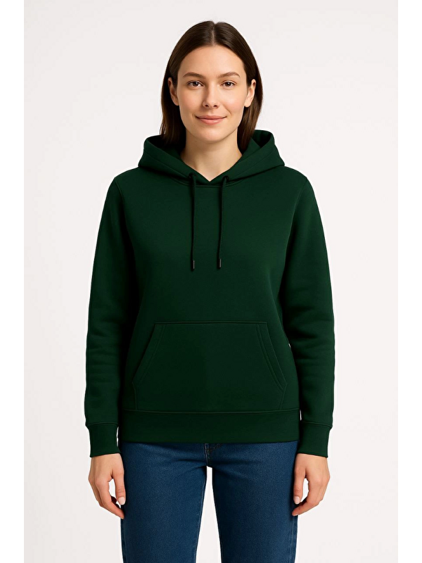 Jane's Üç İplik Kapüşonlu Kanguru Çepli SweatShirt Hoodie - Haki