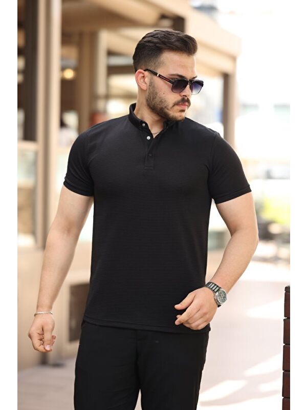 Jane's Erkek çizgi Dokulu çıtçıt Yakalı Kısa Kollu T-shirt
