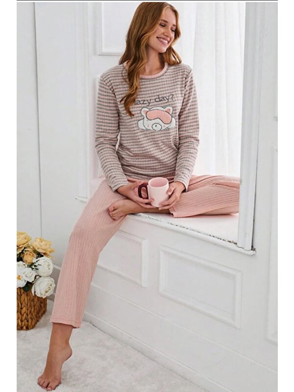 Fullamoda Dantelli Kalp Ve Çizgi Desenli Askılı Pijama Takımı