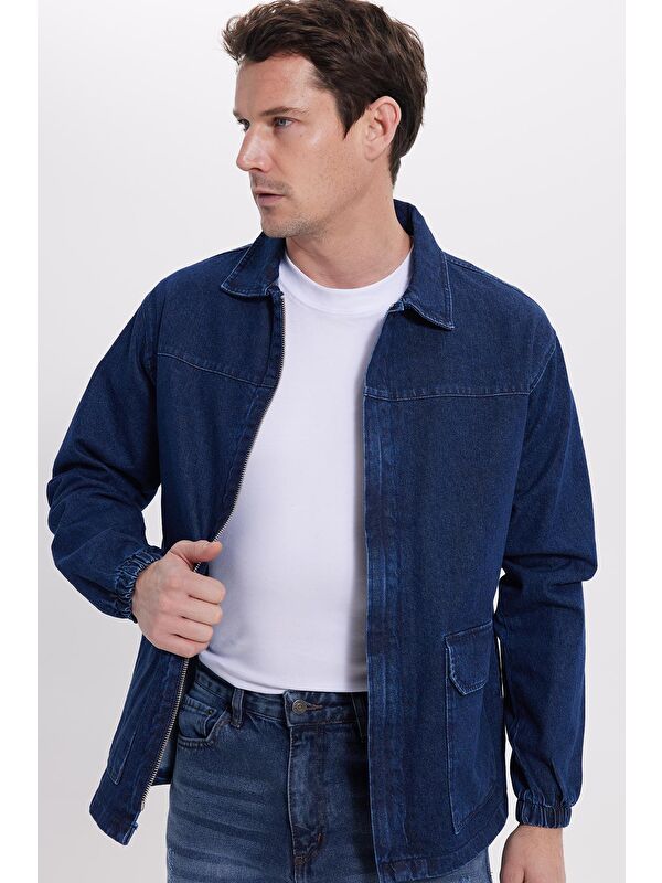 TUDORS Erkek Relax Fit Rahat Kesim Çift Cep Denim Lacivert Jean Mont Gömlek