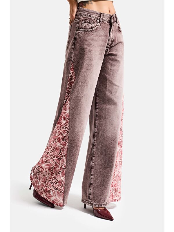 It's Basic Kadın Jean Rengi 4s6-157 Palazzo Fit Gül Dantel Detaylı Özel Tasarım Denim Jean