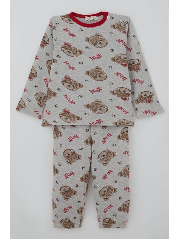Breeze Kız Bebek Pijama Takımı Sevgi Temalı Fiyonklu Ayıcık Desenli Açık Gri Melanj (9 Ay-3 Yaş)