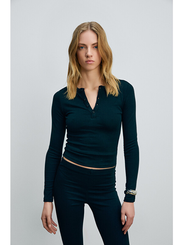 GRIMELANGE CIELO Kadın Yuvarlak Yaka Önü Yarım Pat Fonksiyonel Düğmeli Uzun Kollu SİYAH Bluz