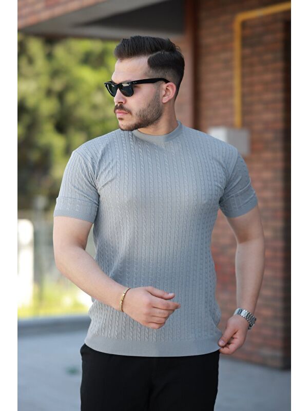 Jane's Erkek Bisiklet Yaka örgü Desenli Kısa örme Triko Kısa Kollu T-shirt