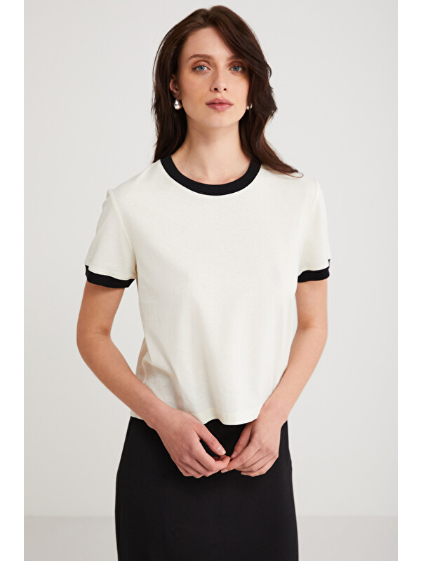 ETHIQUET Ashley Kadın %100 Organik Pamuk Biyeli Regular Fit Normal Kalıp Bisiklet Yaka Ekru T-shirt EKRU T-Sh