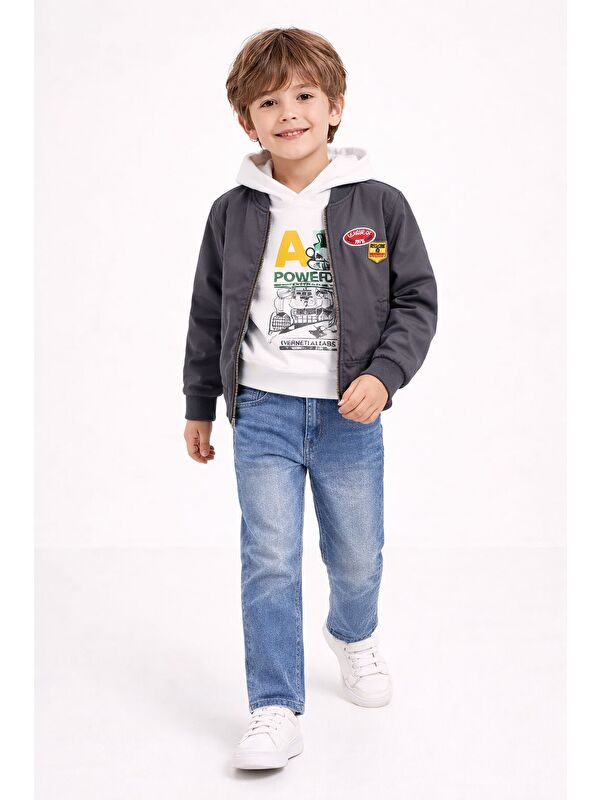 Cansın Mini Gri Nakışlı Ceketli Jean Pantolonlu Erkek Çocuk Kapüşonlu 3lü Takım 23524