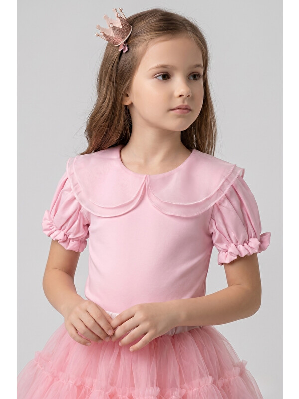 Le Mabelle Pembe Kısa Kollu Organze Yakalı Kız Çocuk Tişört