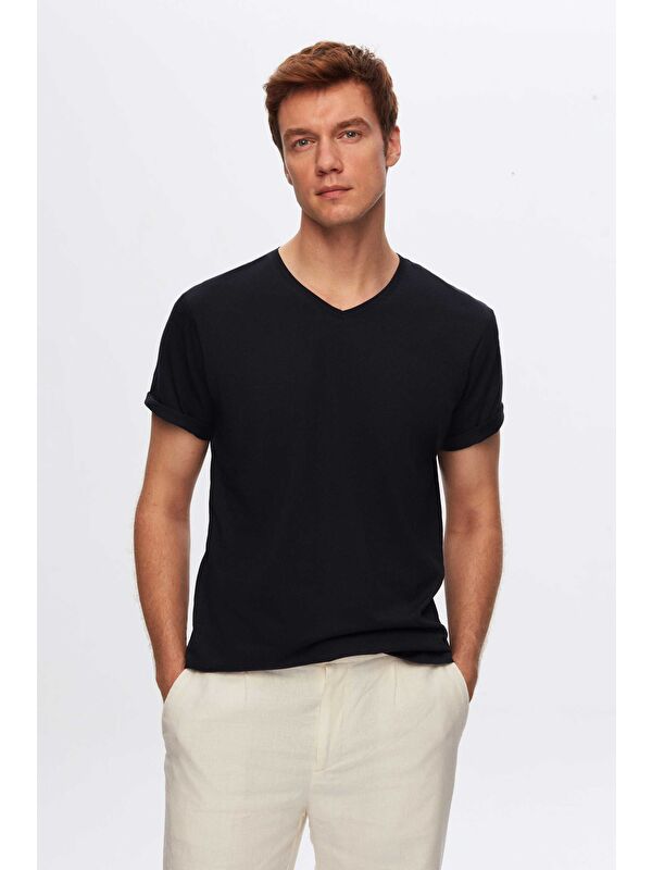 D'S damat Slim Fit Lacivert V Yaka %100 Pamuk Tişört