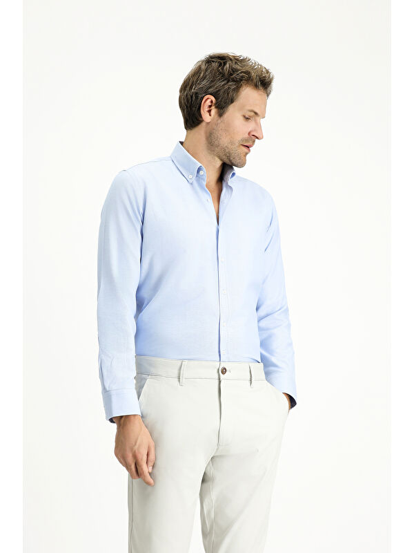 Kiğılı Uzun Kol Slim Fit Düğmeli Yaka Oxford Pamuklu Kolay Ütülenebilir Büyük Beden Gömlek