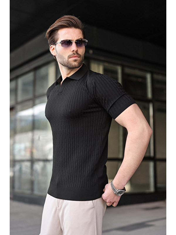 Madmext Siyah Slim Fit Polo Yaka Triko Erkek Tişört E7472