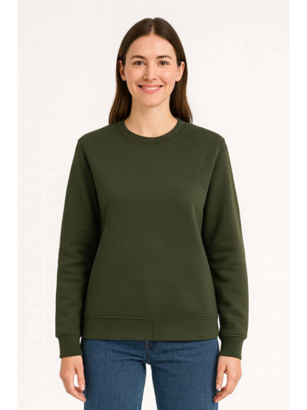 Jane's Üç İplik Düz Bisiklet Yaka SweatShirt - Haki